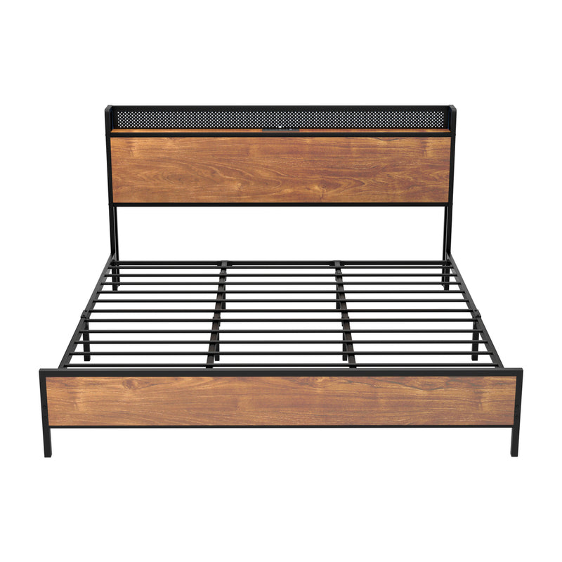 Oikiture Metal Bed Frame Queen LED Light USB Charge Storage Headboard