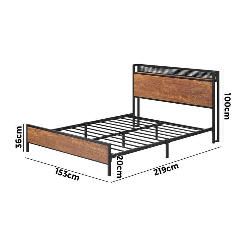 Oikiture Metal Bed Frame Queen LED Light USB Charge Storage Headboard