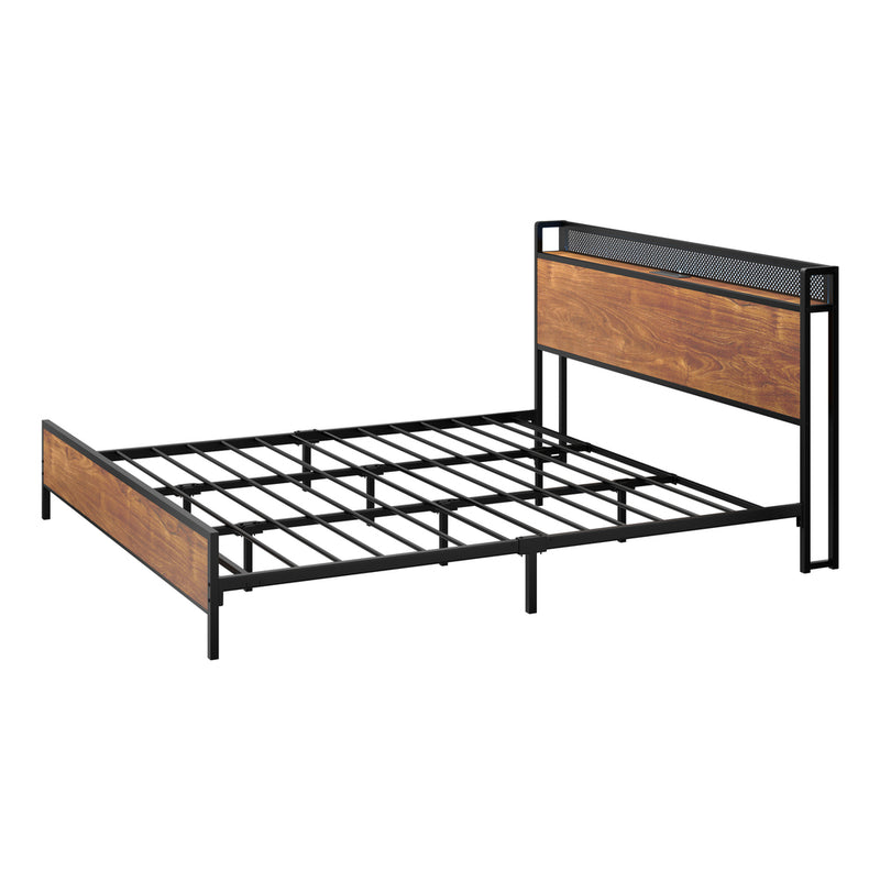 Oikiture Metal Bed Frame Queen LED Light USB Charge Storage Headboard