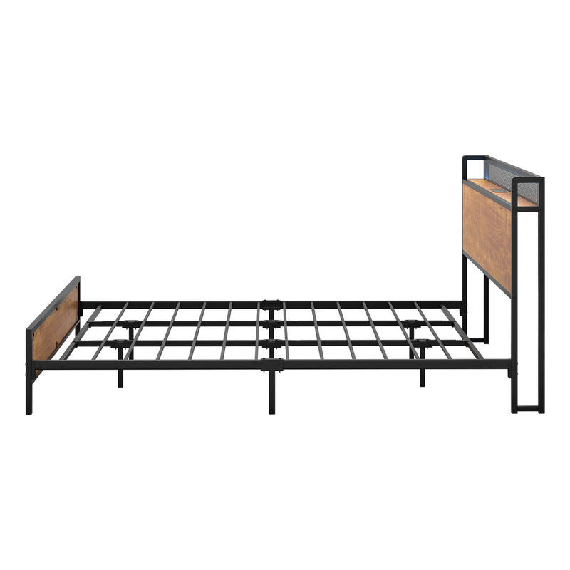 Oikiture Metal Bed Frame Queen LED Light USB Charge Storage Headboard