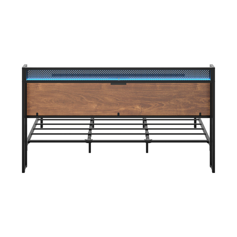 Oikiture Metal Bed Frame Queen LED Light USB Charge Storage Headboard