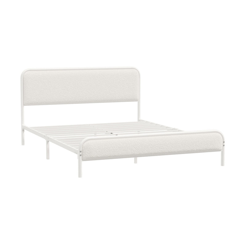Oikiture Metal Bed Frame Double Size Bedhead Boucle Fabric Beige