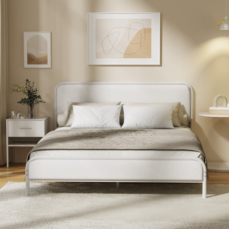 Oikiture Metal Bed Frame Double Size Bedhead Boucle Fabric Beige