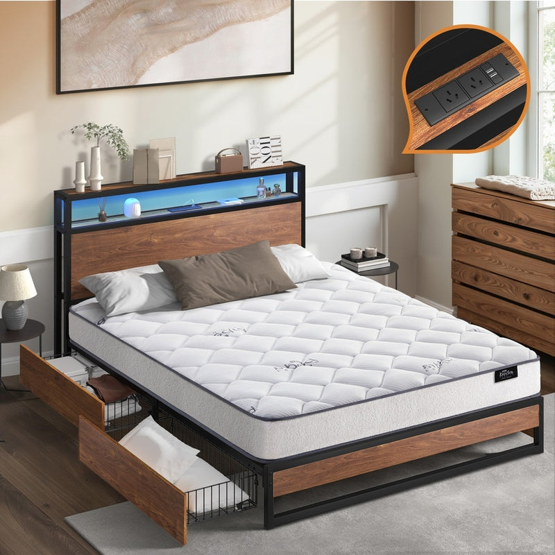 Oikiture Metal Bed Frame Queen LED 4 Drawers USB with Mattress