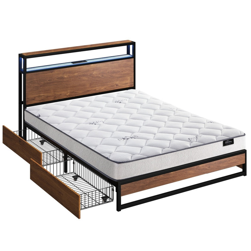 Oikiture Metal Bed Frame Queen LED 4 Drawers USB with Mattress