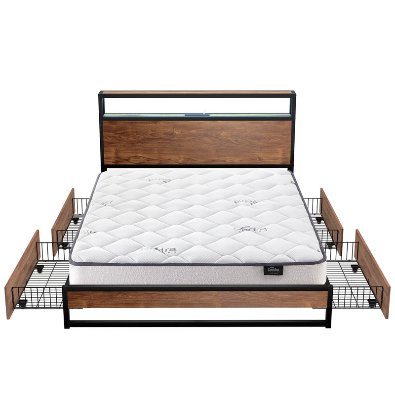 Oikiture Metal Bed Frame Queen LED 4 Drawers USB with Mattress