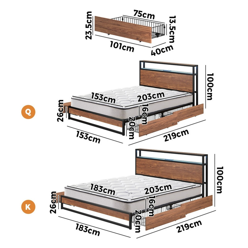 Oikiture Metal Bed Frame Queen LED 4 Drawers USB with Mattress
