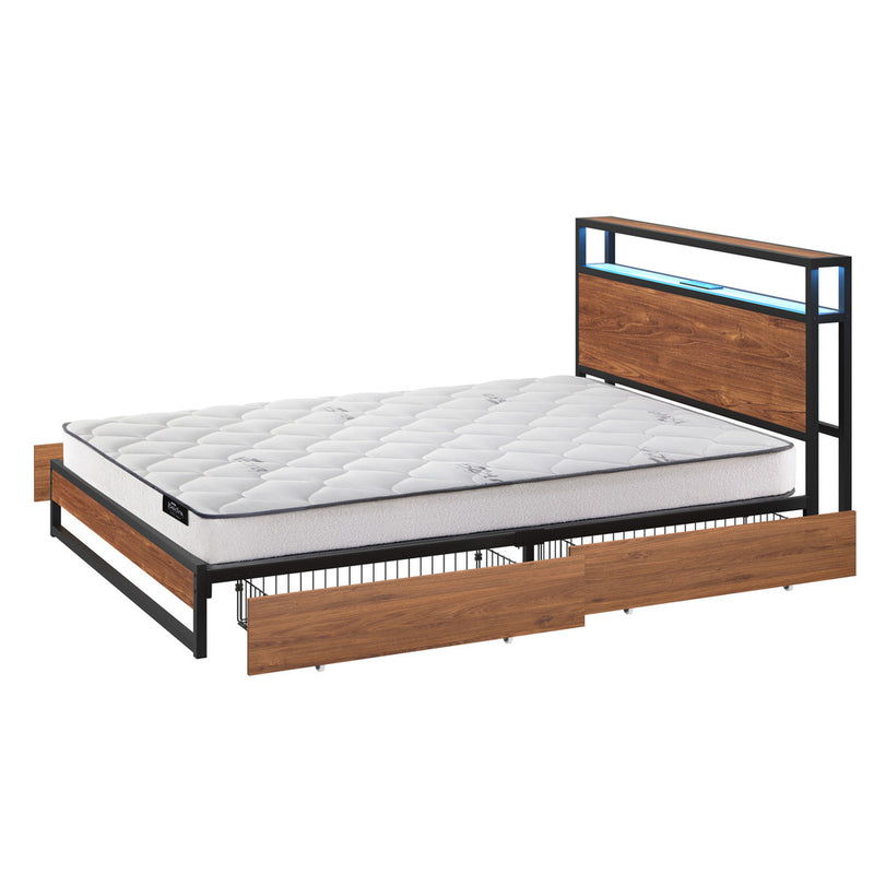 Oikiture Metal Bed Frame Queen LED 4 Drawers USB with Mattress