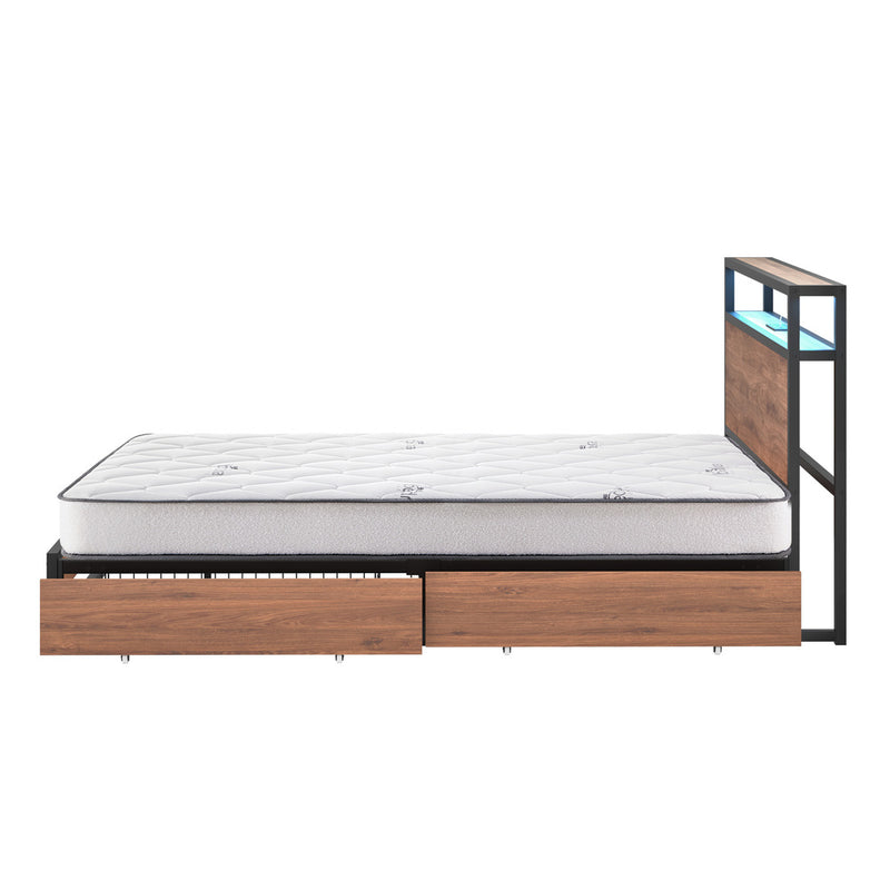 Oikiture Metal Bed Frame Queen LED 4 Drawers USB with Mattress