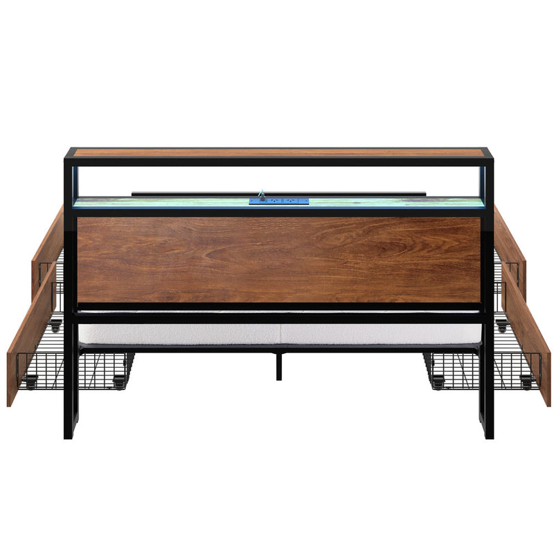 Oikiture Metal Bed Frame Queen LED 4 Drawers USB with Mattress
