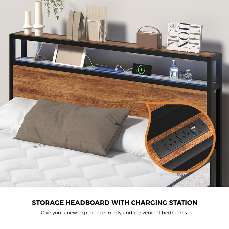 Oikiture Metal Bed Frame Queen LED 4 Drawers USB with Mattress