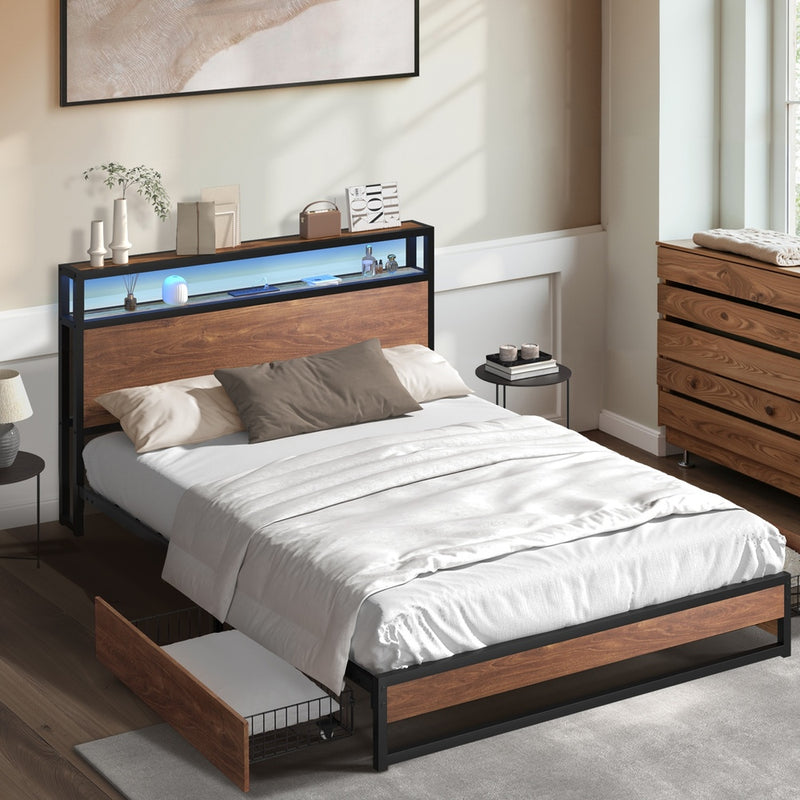 Oikiture Metal Bed Frame Double LED Storage Headboard USB Charging & 2 Drawers