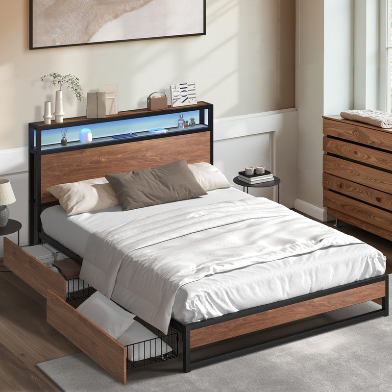Oikiture Metal Bed Frame Double LED Storage Headboard USB Charging & 2 Drawers