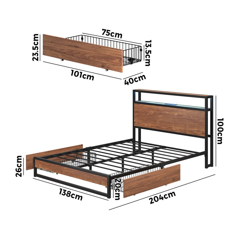 Oikiture Metal Bed Frame Double LED Storage Headboard USB Charging & 2 Drawers