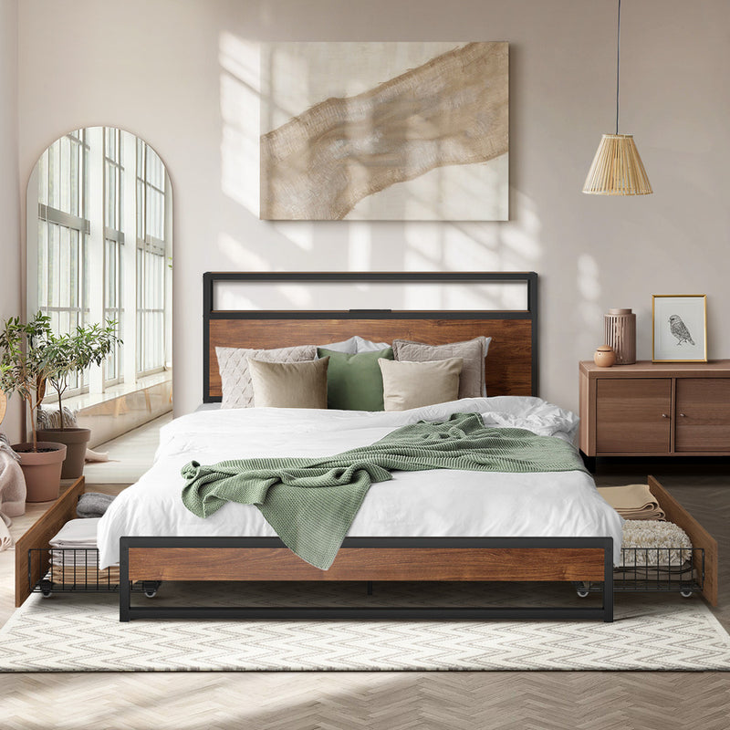 Oikiture Metal Bed Frame Double LED Storage Headboard USB Charging & 2 Drawers