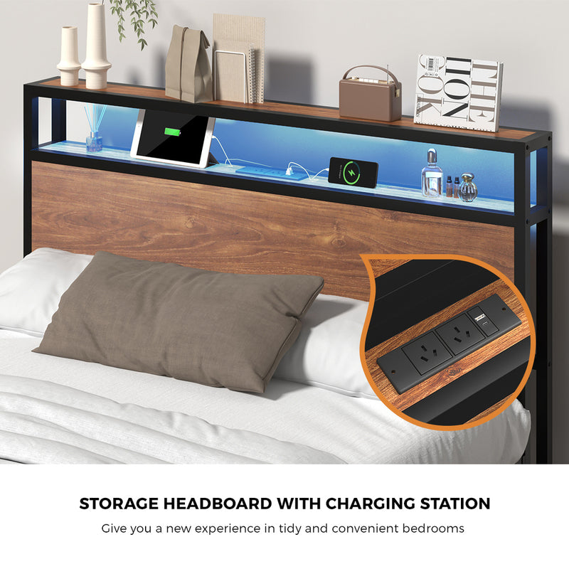 Oikiture Metal Bed Frame Double LED Storage Headboard USB Charging & 2 Drawers