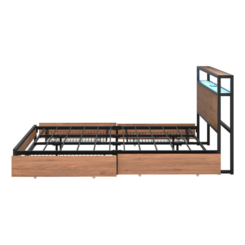 Oikiture Metal Bed Frame King LED Storage Headboard USB Charging & 4 Drawers