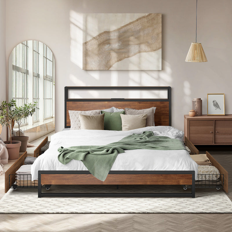 Oikiture Metal Bed Frame King LED Storage Headboard USB Charging & 4 Drawers