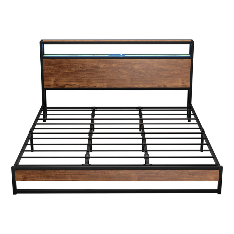 Oikiture Metal Bed Frame King Size LED Storage Headboard USB Charge