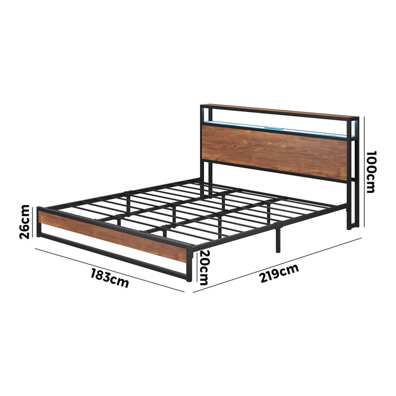Oikiture Metal Bed Frame King Size LED Storage Headboard USB Charge