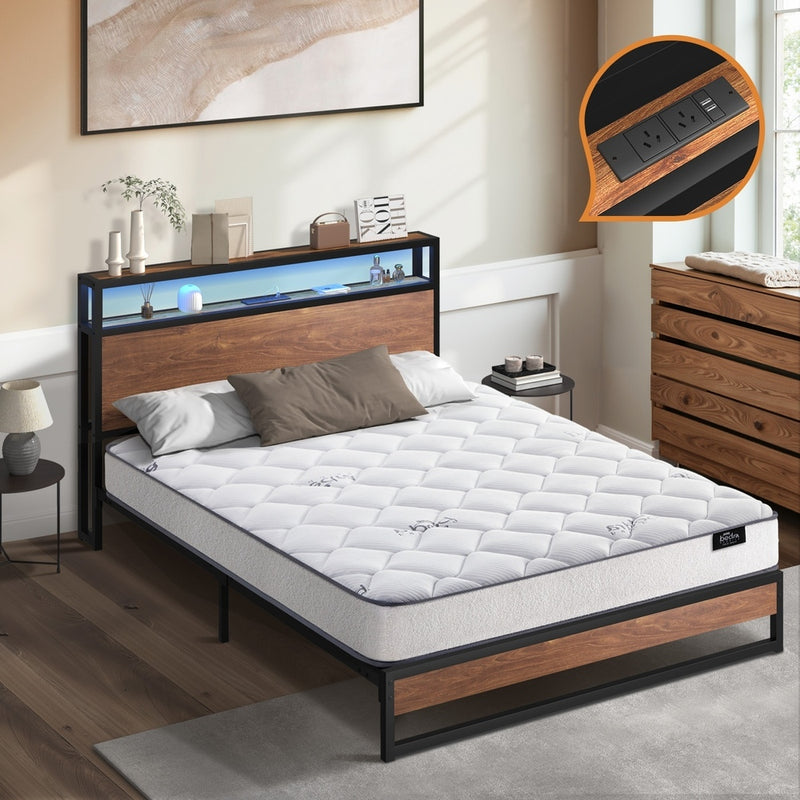 Oikiture Metal Bed Frame Queen Size LED Storage USB with Mattress