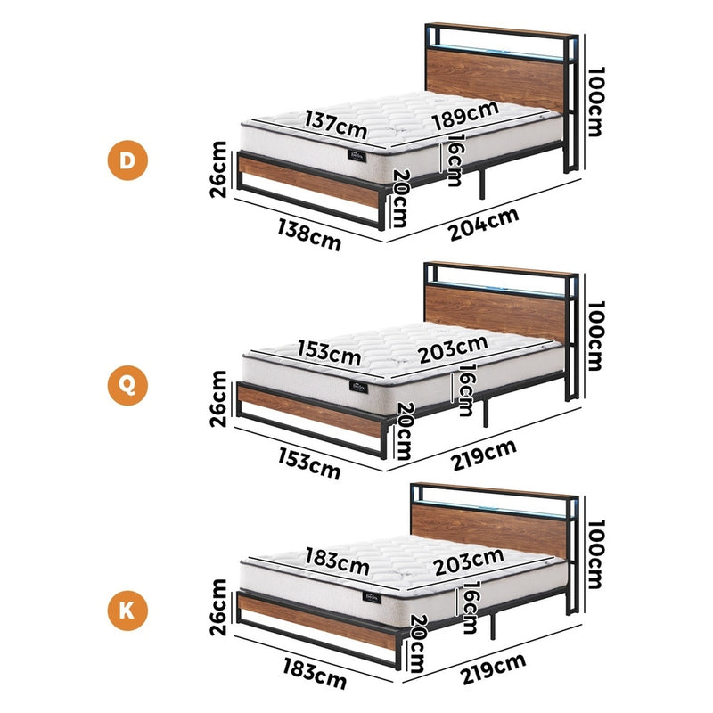 Oikiture Metal Bed Frame Queen Size LED Storage USB with Mattress