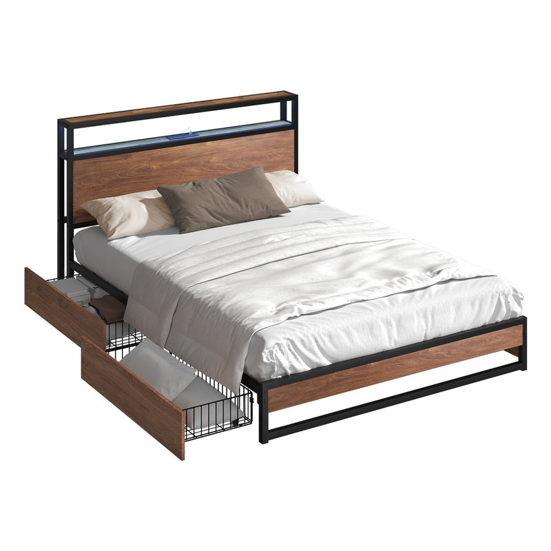 Oikiture Metal Bed Frame Queen LED Storage Headboard USB Charging & 4 Drawers