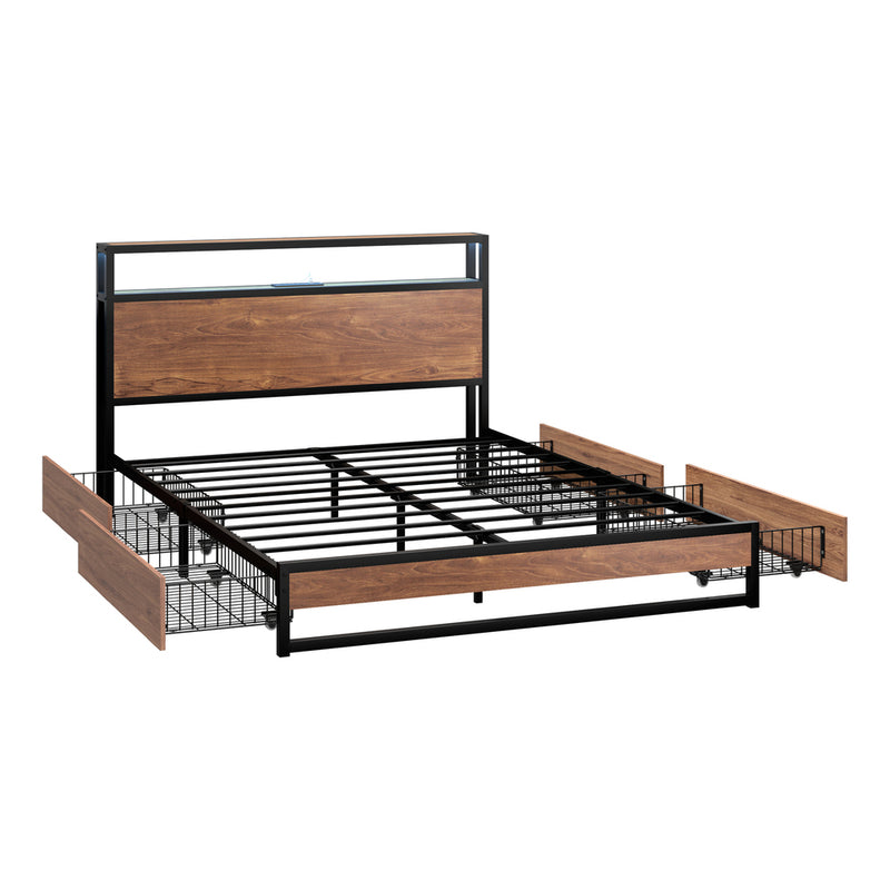Oikiture Metal Bed Frame Queen LED Storage Headboard USB Charging & 4 Drawers