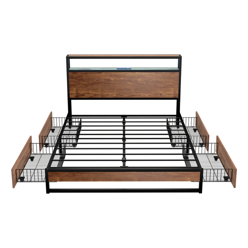 Oikiture Metal Bed Frame Queen LED Headboard Storage Drawers USB
