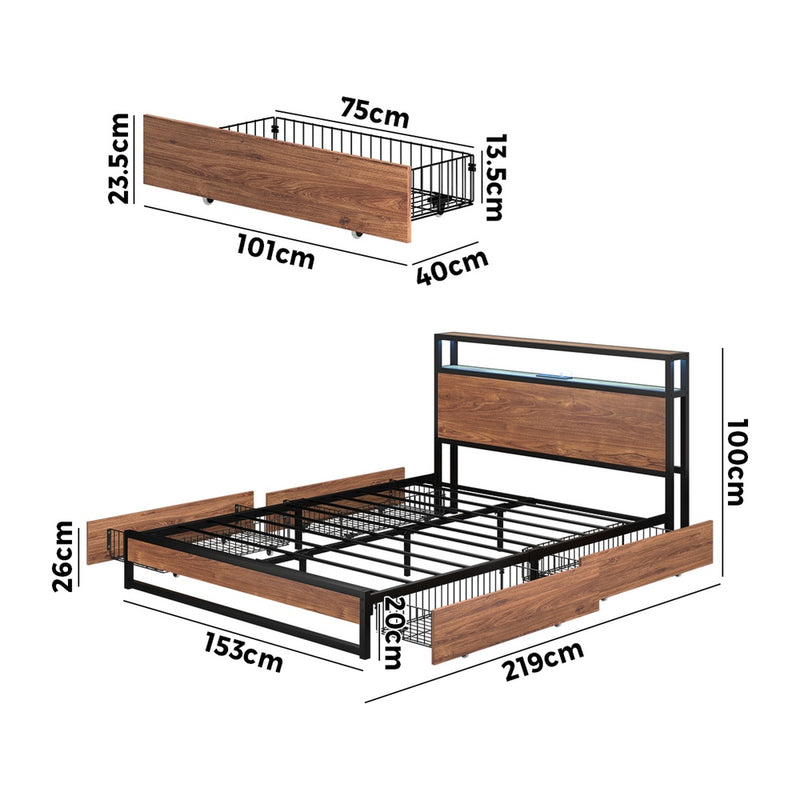 Oikiture Metal Bed Frame Queen LED Storage Headboard USB Charging & 4 Drawers