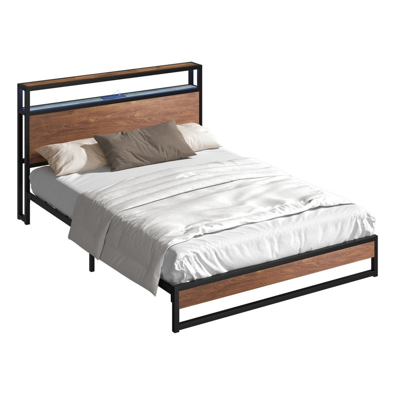 Oikiture Metal Bed Frame Queen Size LED Storage Headboard USB
