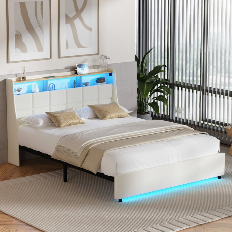 Oikiture Double Bed Frame with LED Storage Headboard Beige