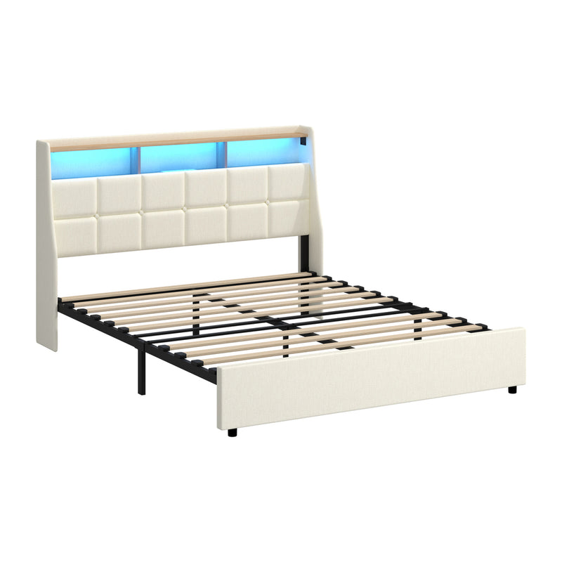 Oikiture Double Bed Frame with LED Storage Headboard Beige
