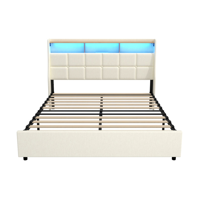 Oikiture Double Bed Frame with LED Storage Headboard Beige