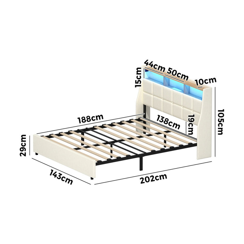 Oikiture Double Bed Frame with LED Storage Headboard Beige
