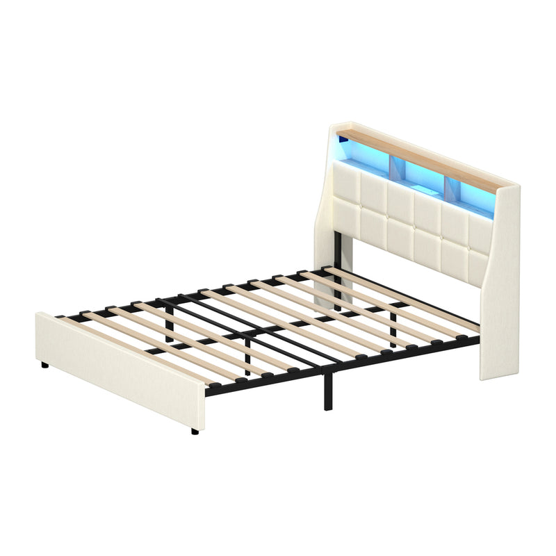 Oikiture Double Bed Frame with LED Storage Headboard Beige