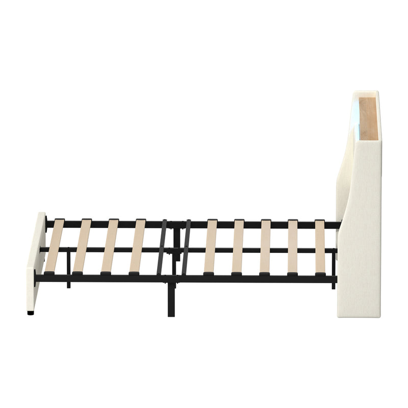 Oikiture Double Bed Frame with LED Storage Headboard Beige