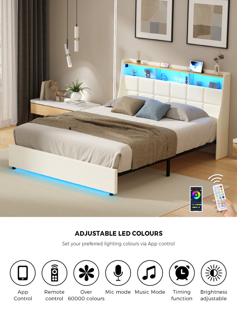 Oikiture Double Bed Frame with LED Storage Headboard Beige