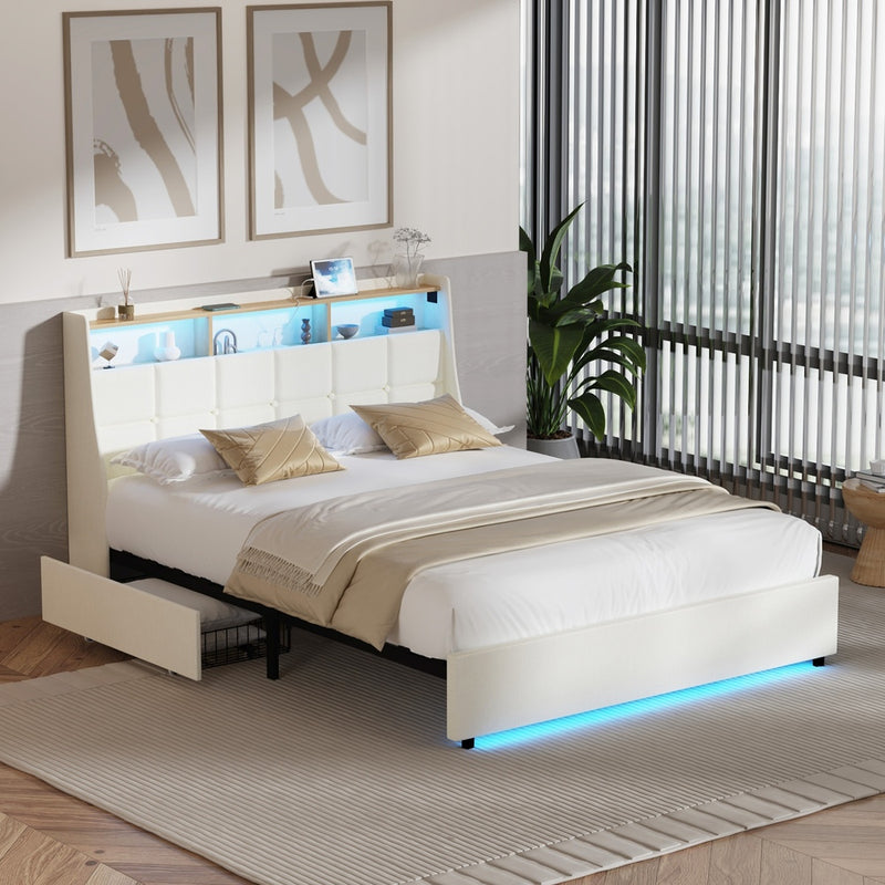 Oikiture Double Bed Frame Headboard RGB Lights with Drawer Beige