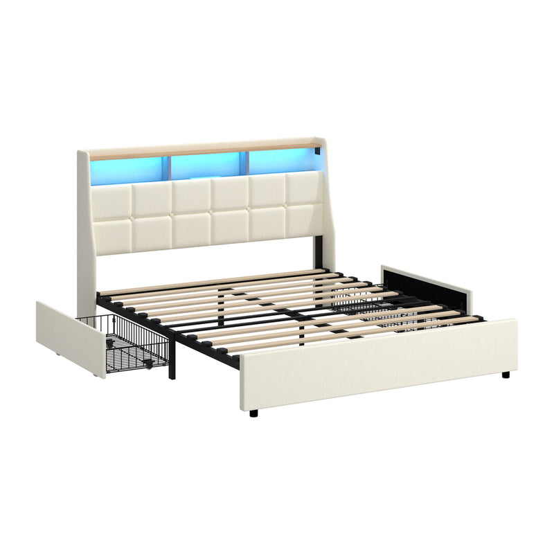 Oikiture Double Bed Frame Headboard RGB Lights with Drawer Beige