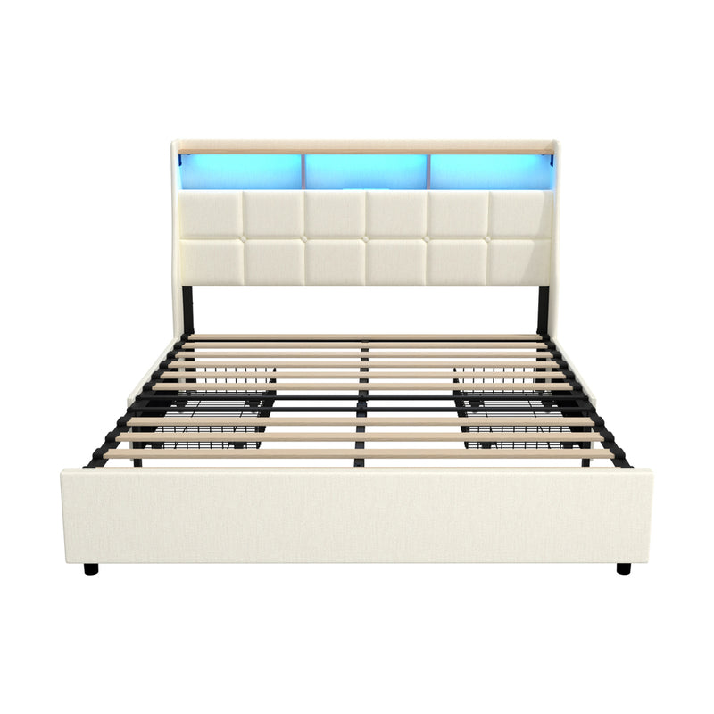 Oikiture Double Bed Frame Headboard RGB Lights with Drawer Beige