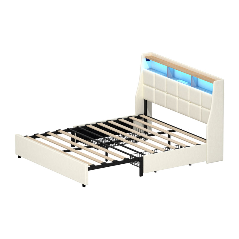 Oikiture Double Bed Frame Headboard RGB Lights with Drawer Beige