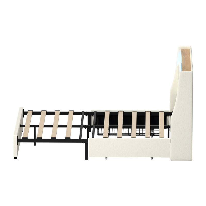 Oikiture Double Bed Frame Headboard RGB Lights with Drawer Beige