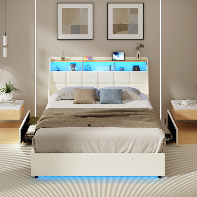 Oikiture Double Bed Frame Headboard RGB Lights with Drawer Beige