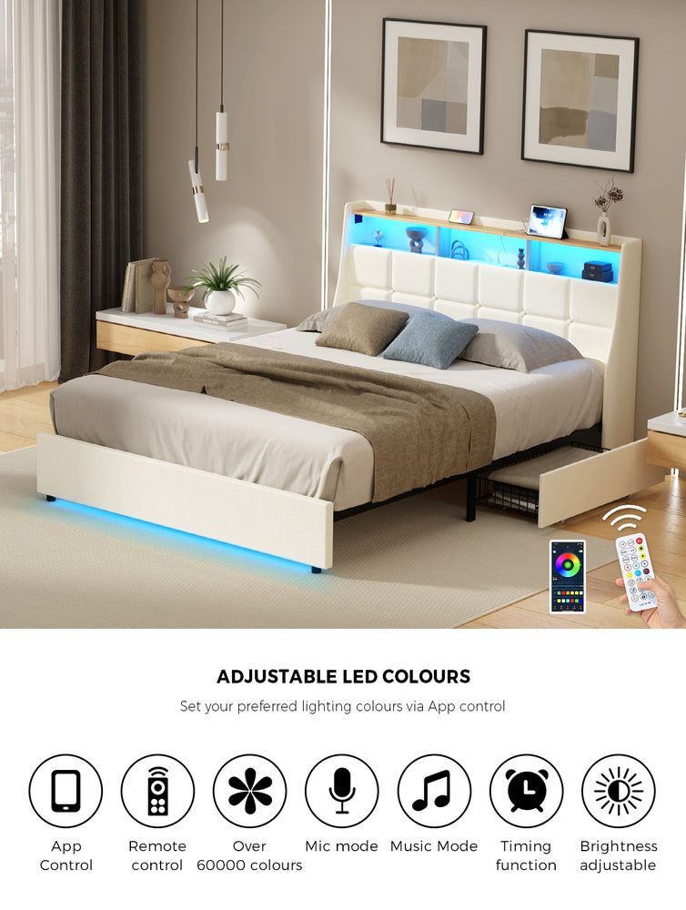 Oikiture Double Bed Frame Headboard RGB Lights with Drawer Beige