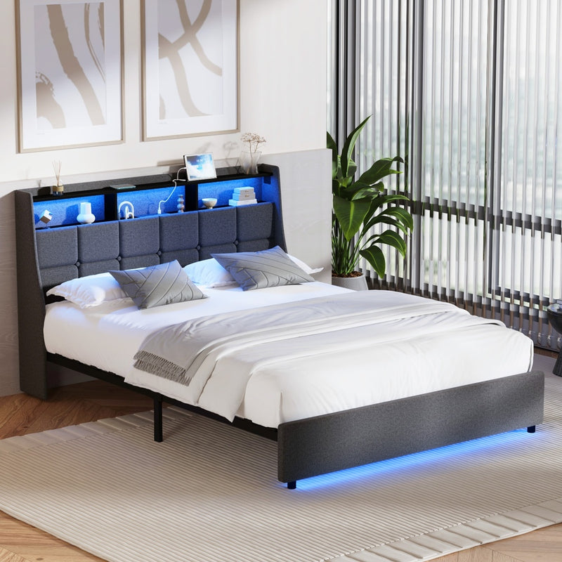 Oikiture Double Size Bed Frame With LED Storage Headboard USB Charging