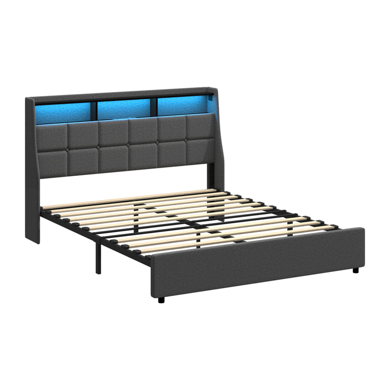 Oikiture Double Size Bed Frame With LED Storage Headboard USB Charging