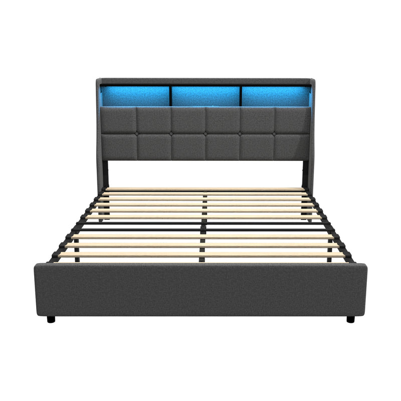 Oikiture Double Size Bed Frame With LED Storage Headboard USB Charging