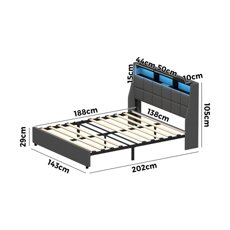 Oikiture Double Size Bed Frame With LED Storage Headboard USB Charging