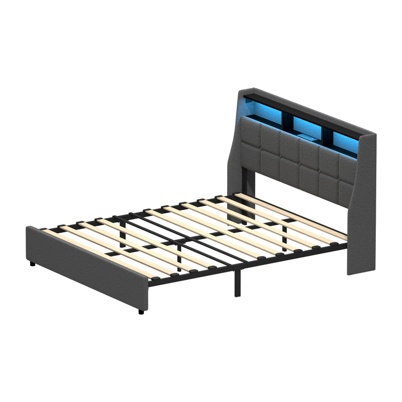 Oikiture Double Size Bed Frame With LED Storage Headboard USB Charging